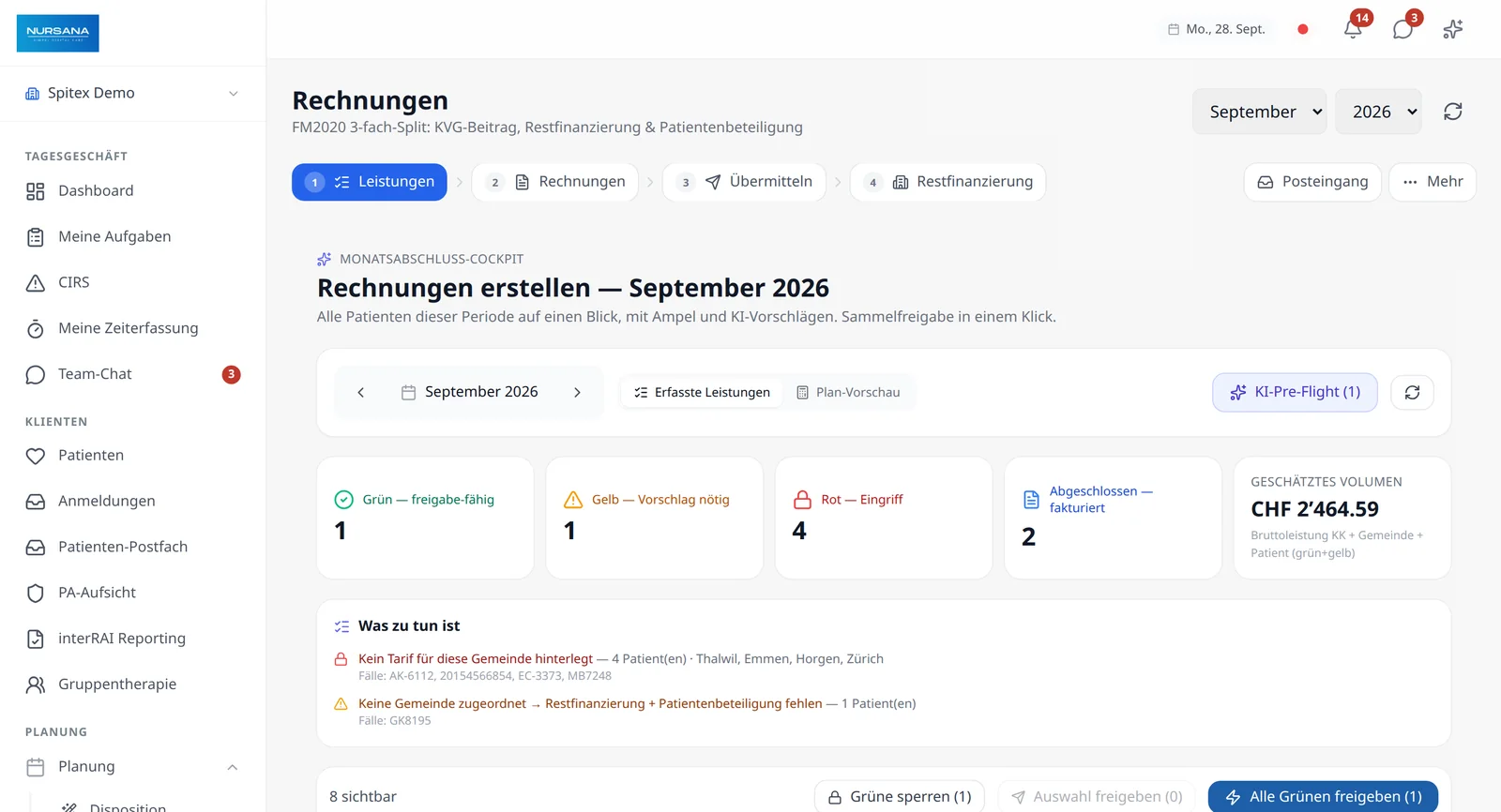 Monatsabschluss-Cockpit: Rechnungen mit Ampel pro Patient und Sammelfreigabe (Demo-Daten)