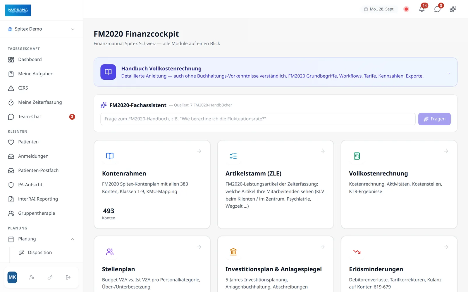 FM2020-Finanzcockpit: Kontenrahmen, Artikelstamm, Vollkostenrechnung, Stellenplan, Investitionsplan und Erlösminderungen (Demo-Daten)