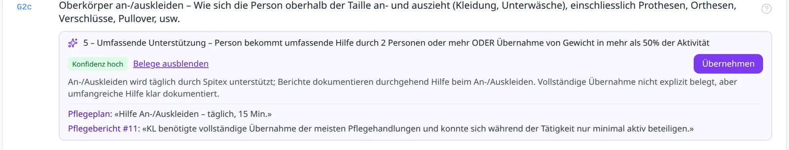interRAI-Vorschlag der KI mit Konfidenz, Belegen aus Pflegeplan und Pflegebericht und Knopf «Übernehmen» (Demo-Daten)