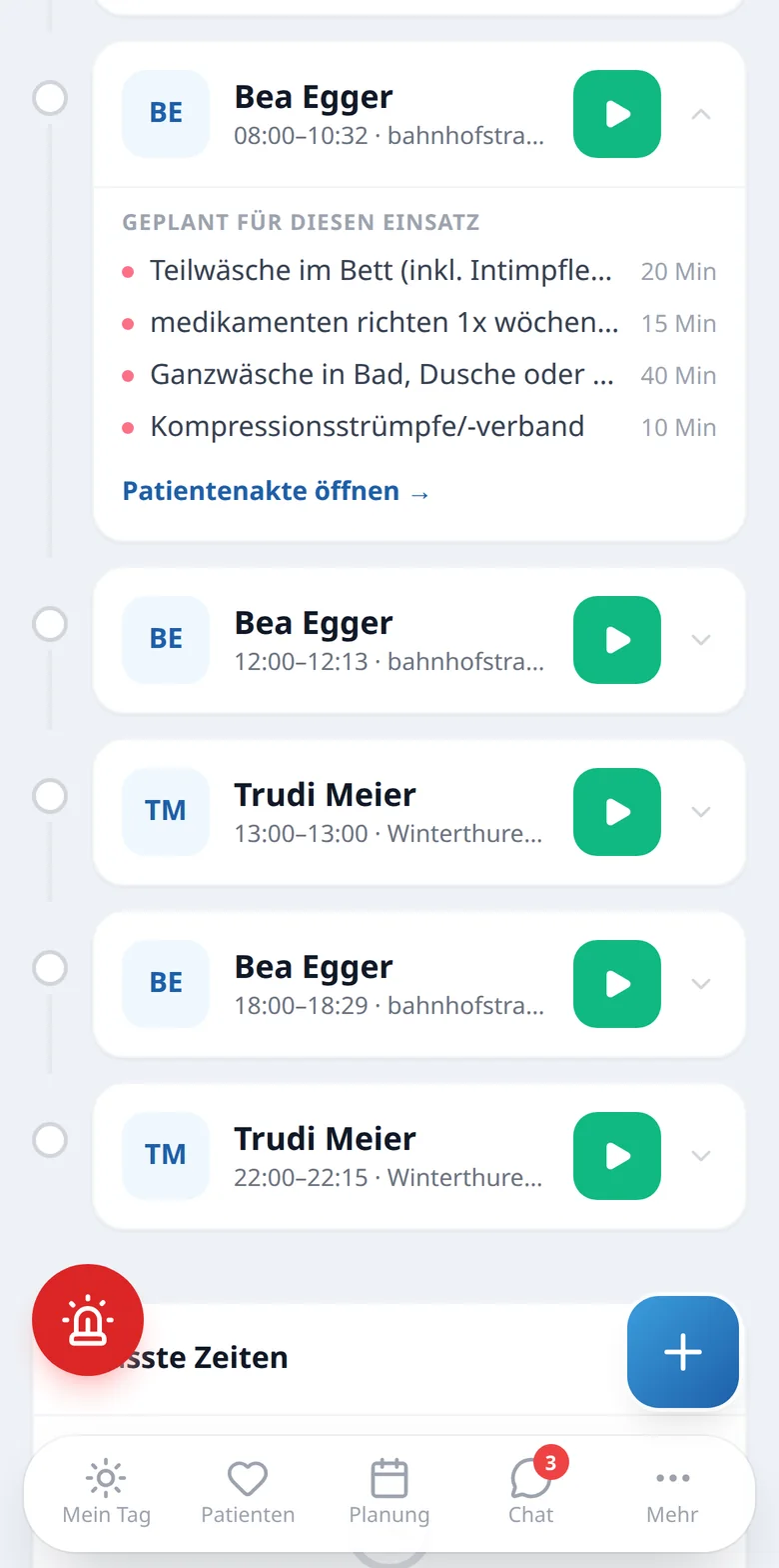 «Mein Tag»: geplante Massnahmen eines Einsatzes mit Minuten (Demo-Daten)