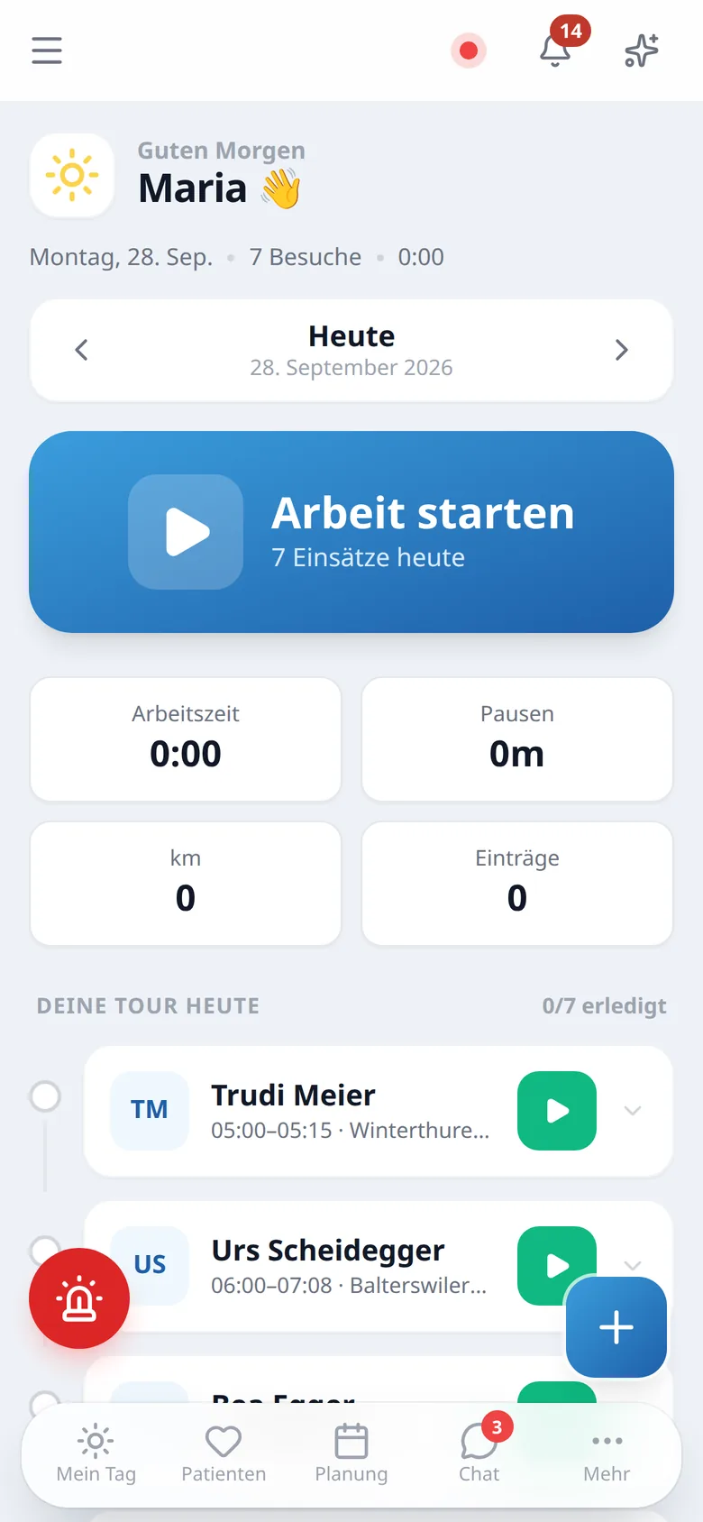 App «Mein Tag» auf dem Handy: Arbeit starten und die Tour des Tages (Demo-Daten)