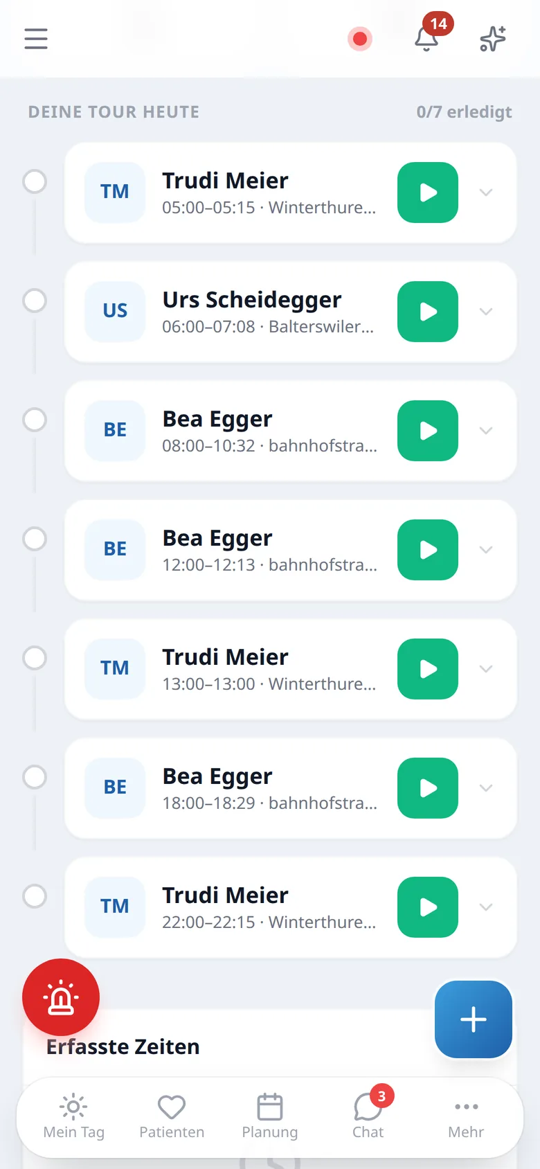 «Mein Tag» auf dem Handy: die Tour des Tages mit allen Einsätzen (Demo-Daten)
