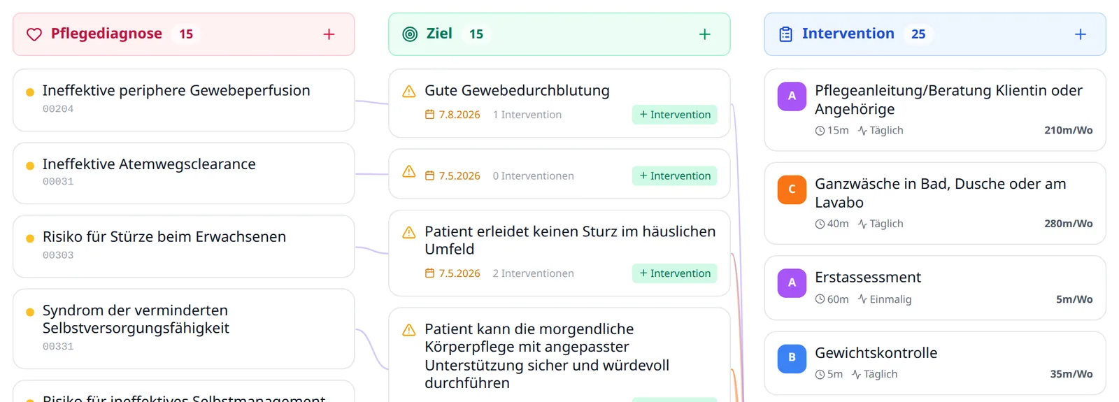 Pflegeplan: Pflegediagnosen mit verknüpften Zielen und Interventionen samt KLV-Kategorie und Minuten (Demo-Daten)