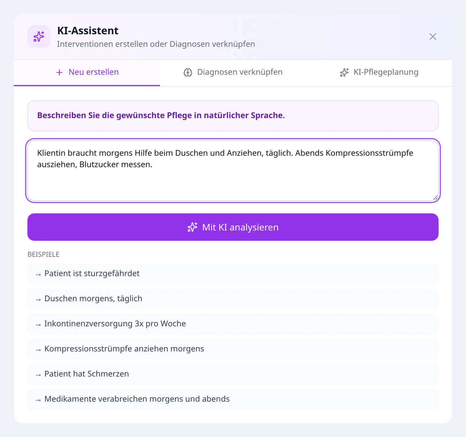KI-Assistent der Pflegeplanung: gewünschte Pflege in natürlicher Sprache beschreiben und «Mit KI analysieren» (Demo-Daten)
