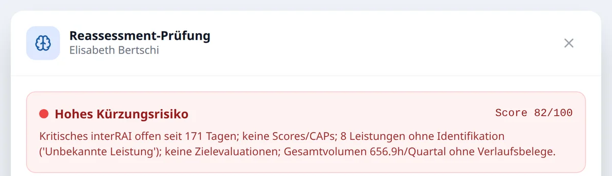 KI-Reassessment-Copilot: Ampel «Hohes Kürzungsrisiko» mit Score und Begründung (Demo-Daten)
