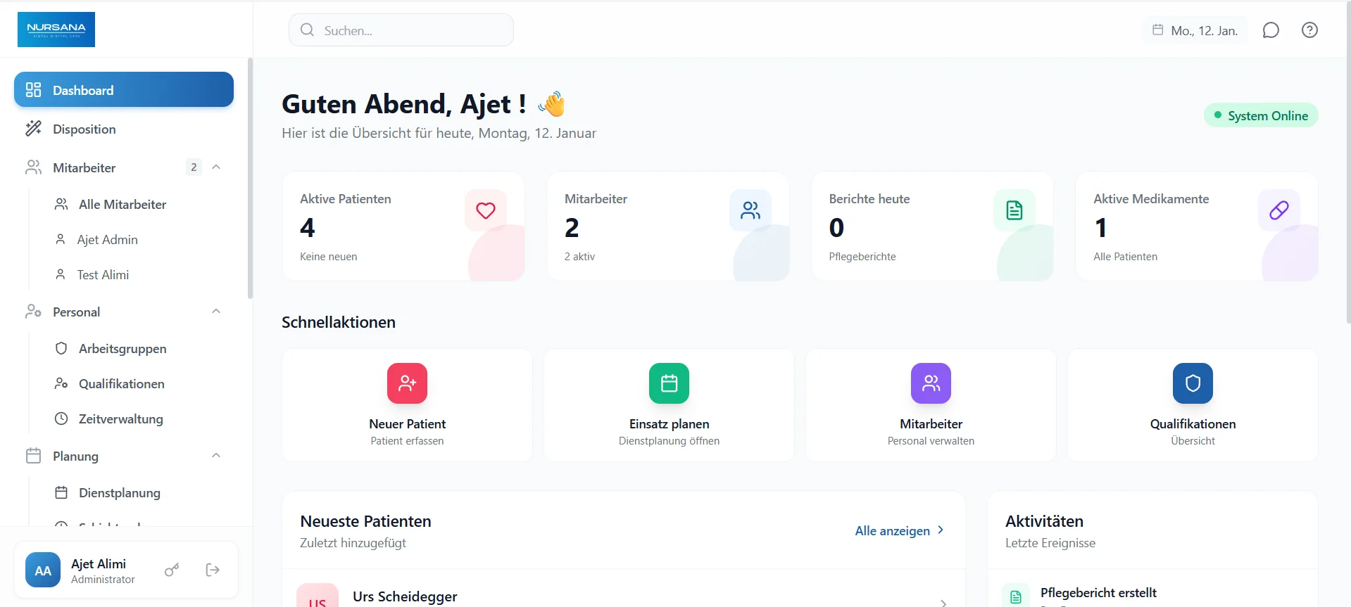 NURSANA Dashboard – Übersicht